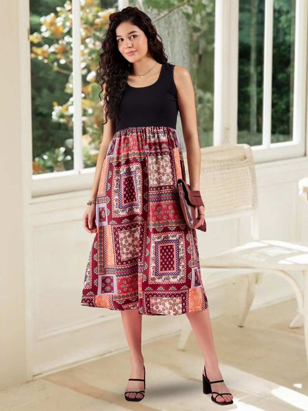 

DressBerry Ethnic Motifs Print Fit and Flare Midi Dress, Red