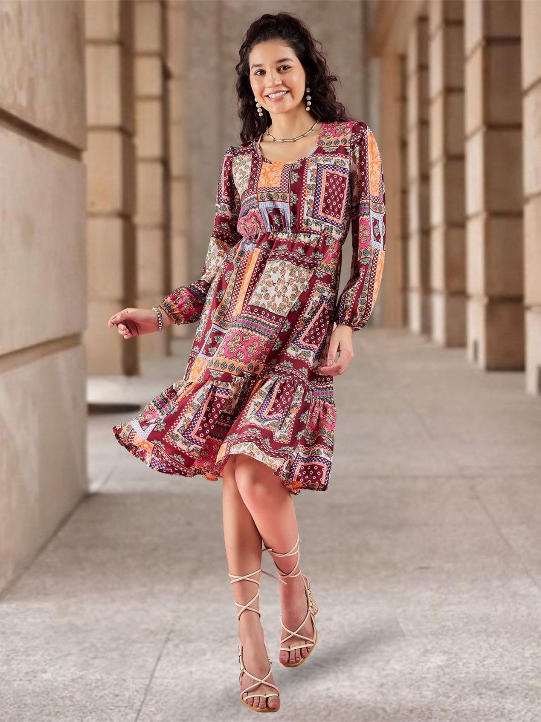 

DressBerry Boho Printed A-Line Dress, Maroon