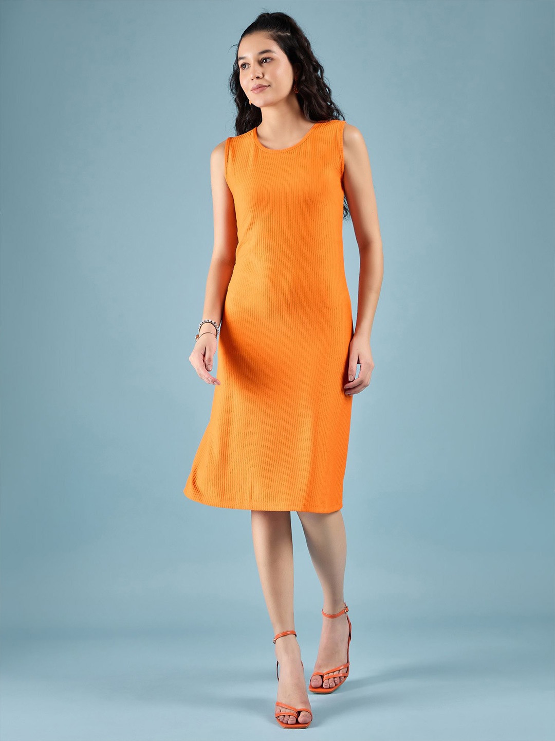 

DressBerry Women Round Neck Sleeveless Knee Length Sheath Dress, Orange