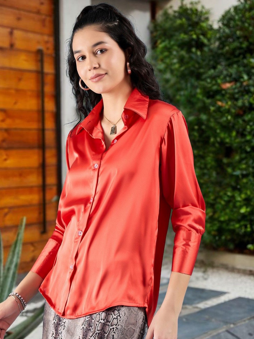 

DressBerry Women Smart Spread Collar Solid Satin Casual Shirt, Rust