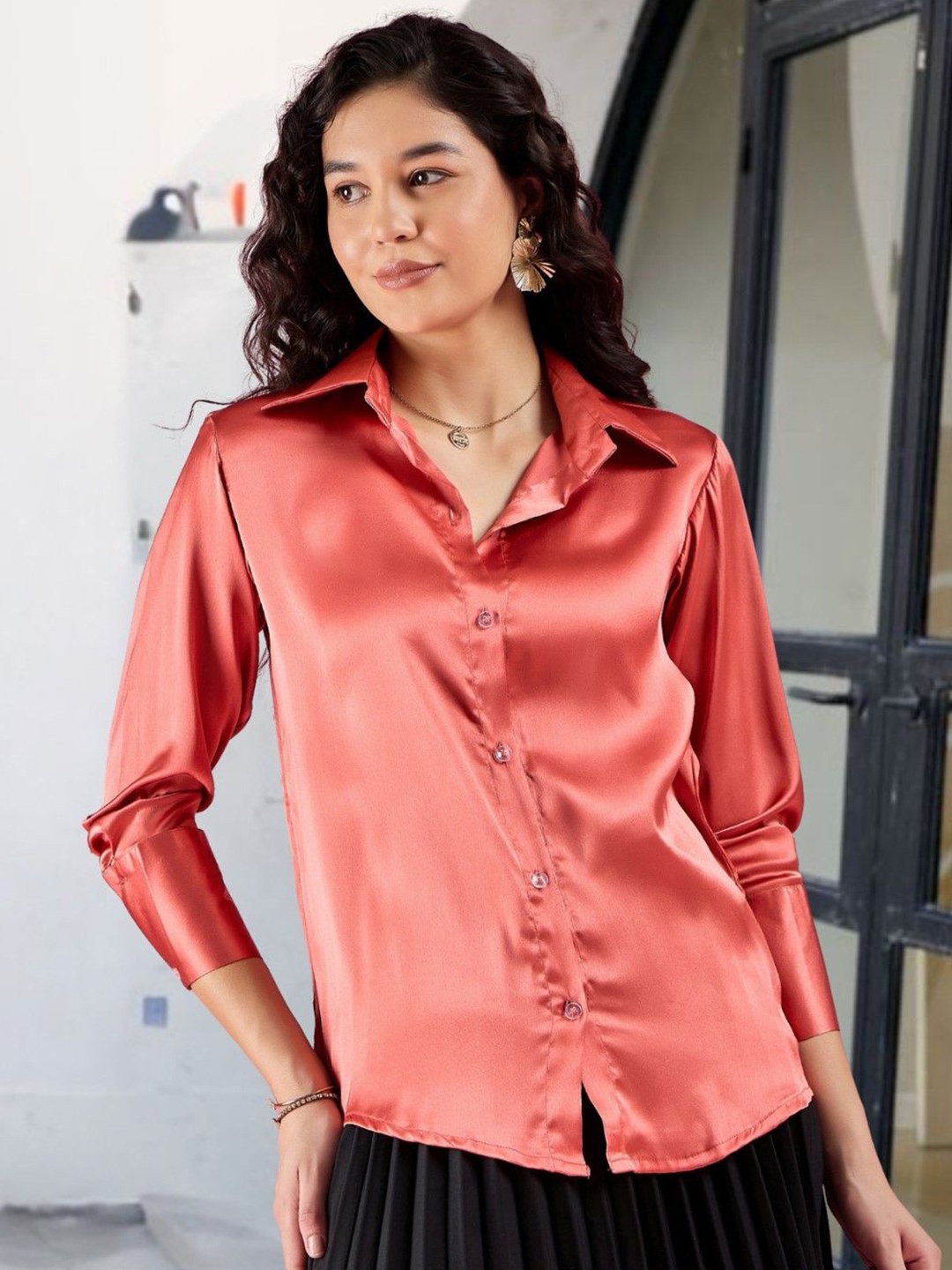 

DressBerry Women Comfort Spread Collar Solid Satin Relaxed Fit Casual Shirt, Rust