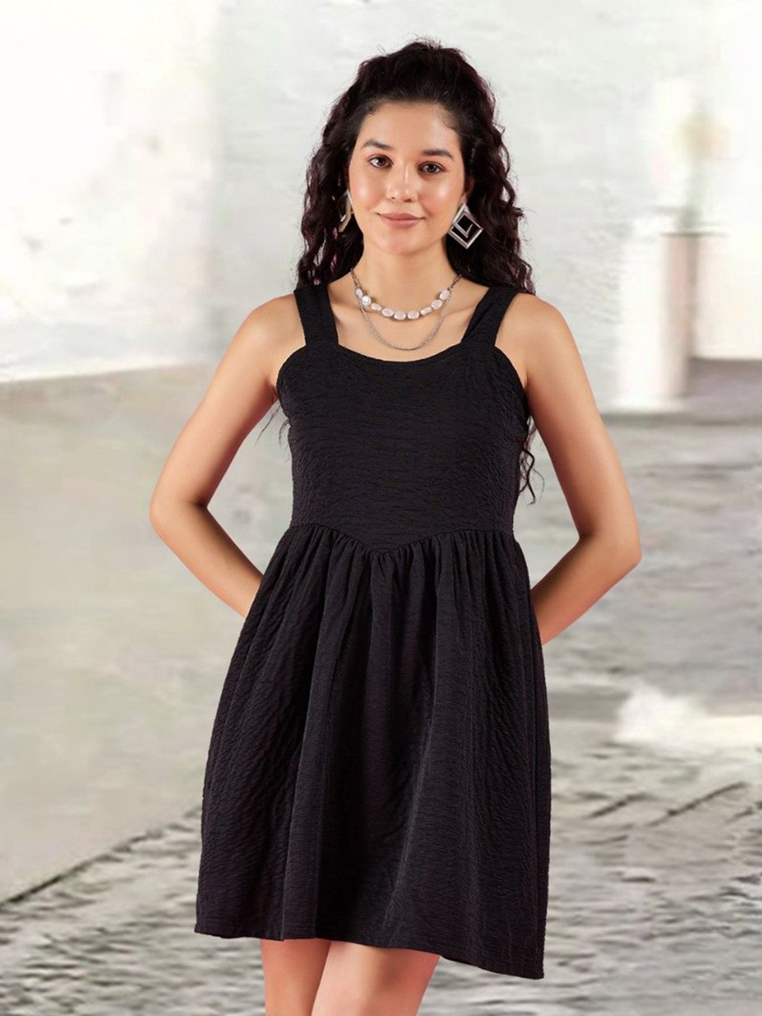 

DressBerry Women Self Design Sleeveless Fit & Flare Dress, Black