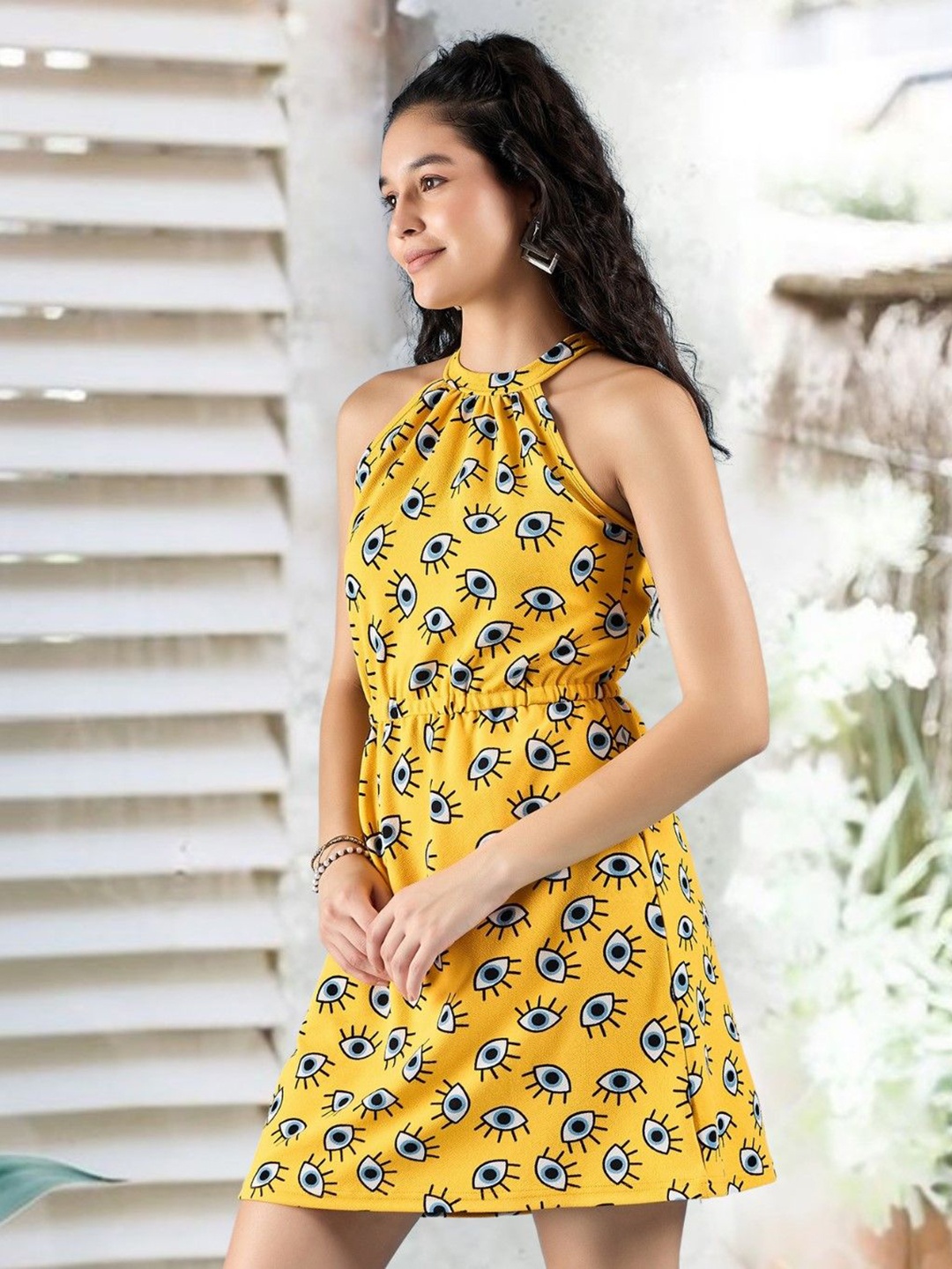 

DressBerry Floral Print Halter Neck A-Linec Mini Dress, Yellow