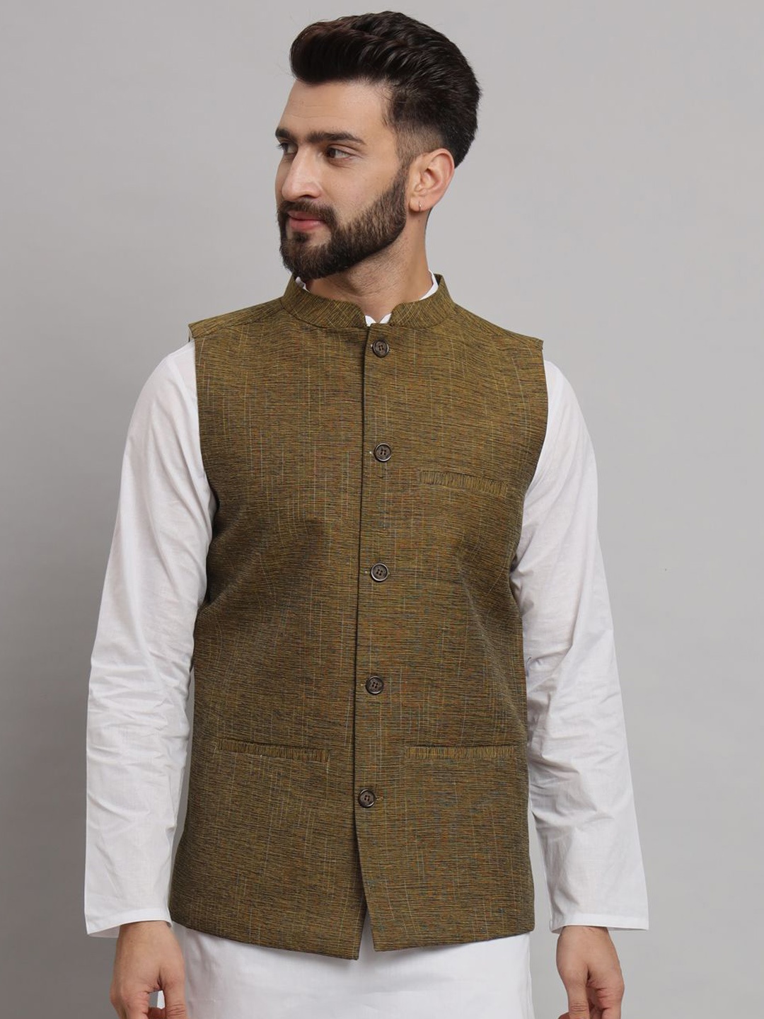 

Latest Chikan Garments Striped Woven Nehru Jacket, Green