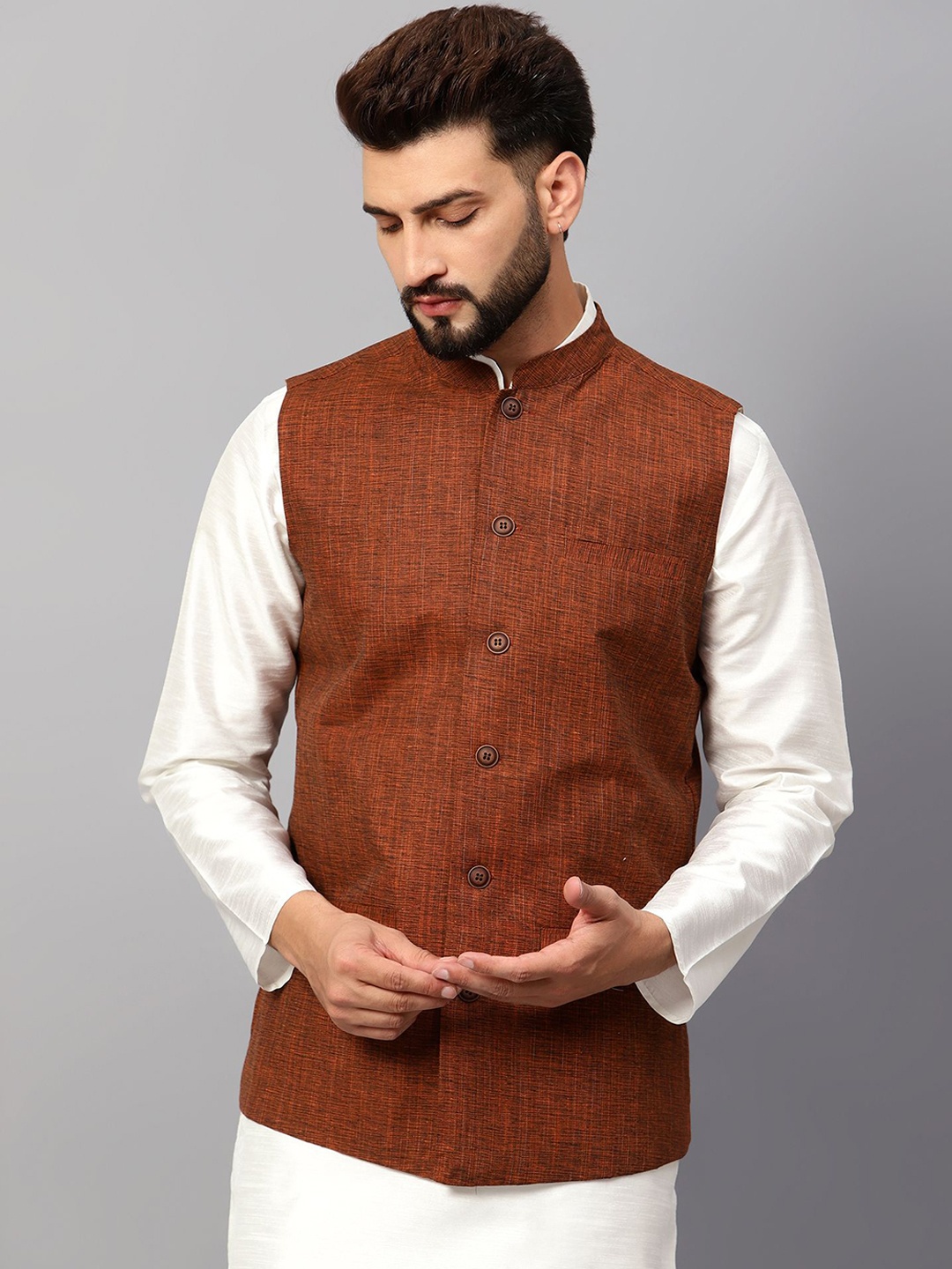 

Latest Chikan Garments Self Design Nehru Jackets, Rust