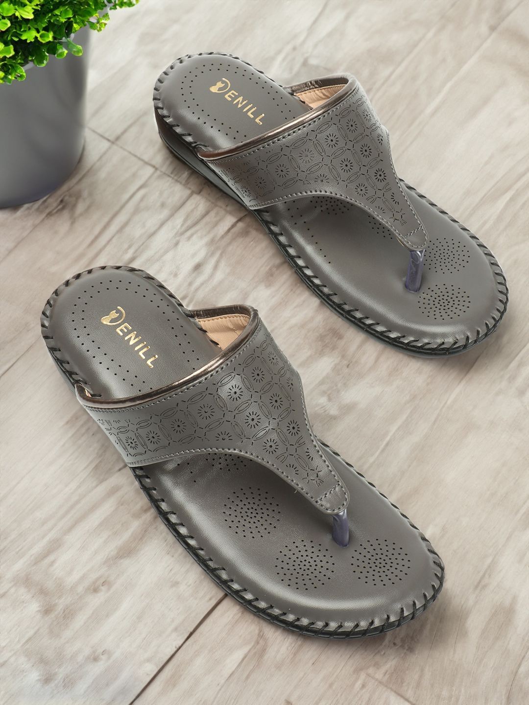 

Denill Women Comfortable T-Strap Flats with Laser Cuts, Grey