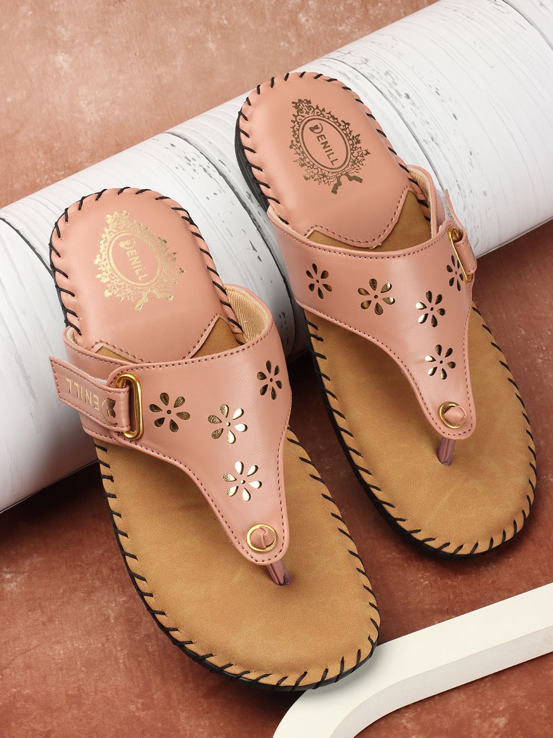 

Denill Women Fashionable Comfortable Stylish T-Strap Flats, Peach