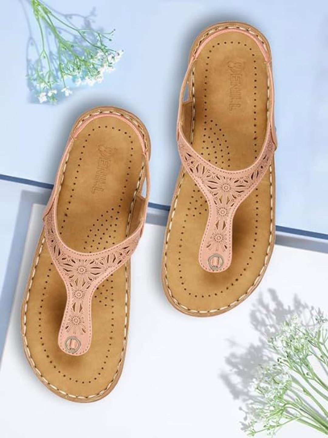 

Denill Women T-Strap Flats with Laser Cuts, Peach