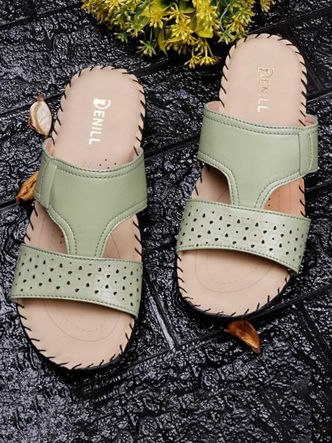 

Denill Women Open Toe Flats with Laser Cuts, Green