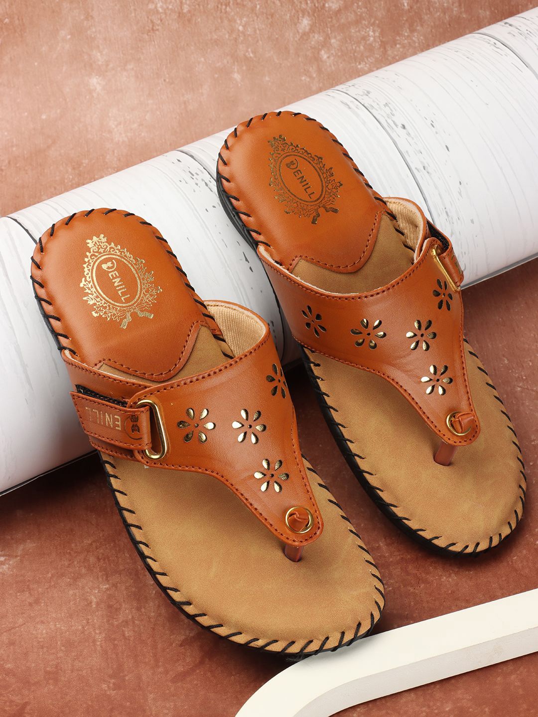 

Denill Women Comfortable T-Strap Flats with Laser Cuts, Tan