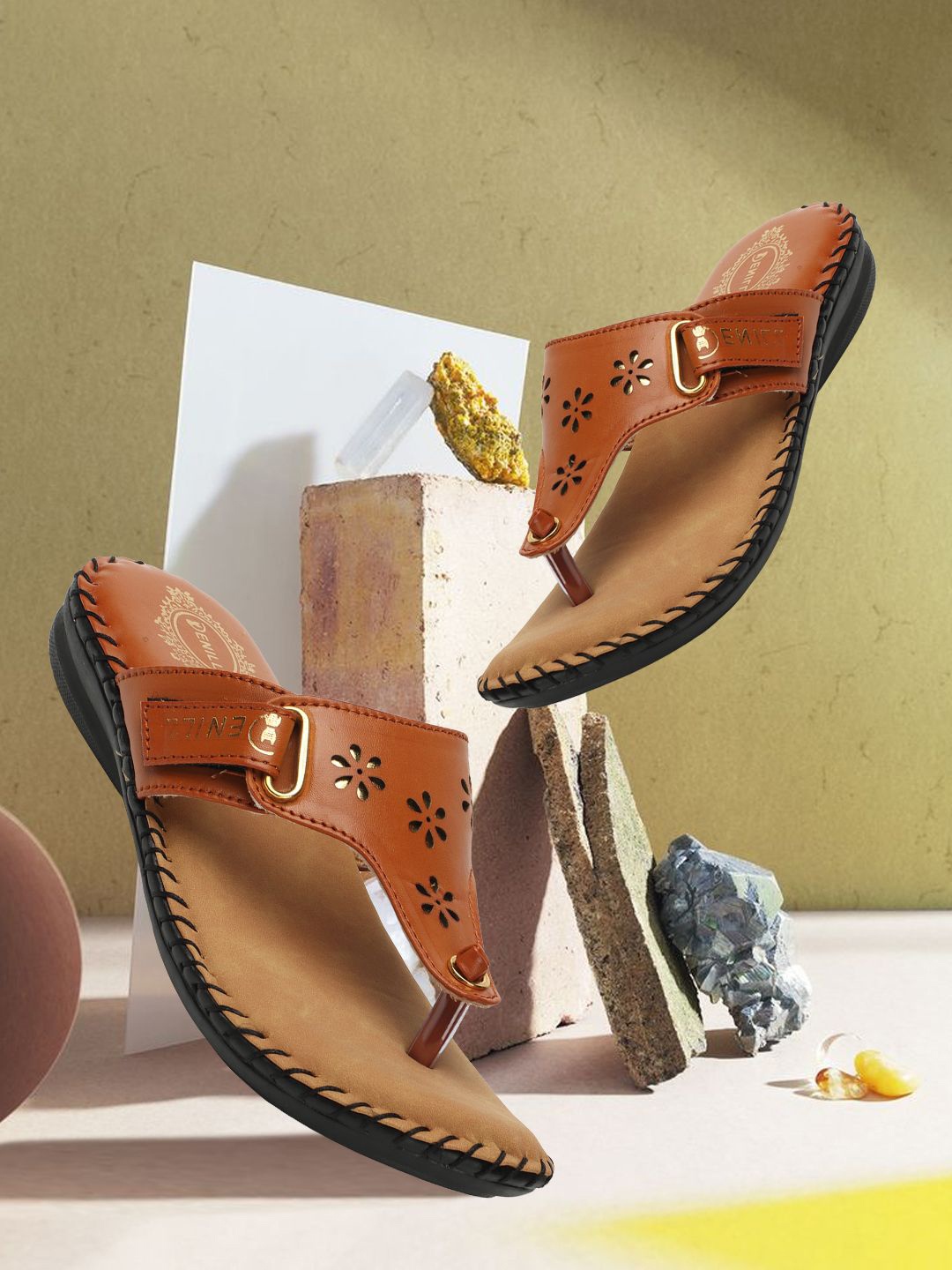 

Denill Women Laser Cuts Buckle Pointed Toe Open Toe Flats, Tan