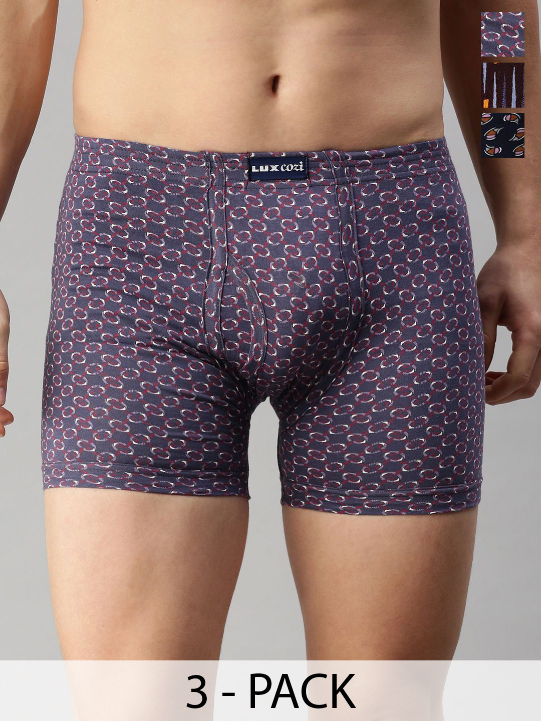 

Lux Cozi Pack Of 3 Men Assorted Trunks COZI_BIGSHOT_LONGS_PRINT_IE_AST2_3PC, Purple