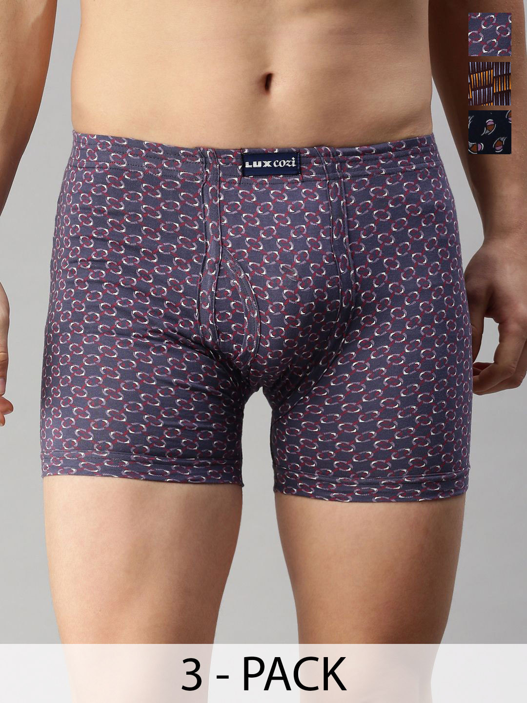 

Lux Cozi Pack Of 3 Men Assorted Pure Cotton Trunks COZI_BIGSHOT_LONGS_PRINT_IE_AST2_3PC, Grey