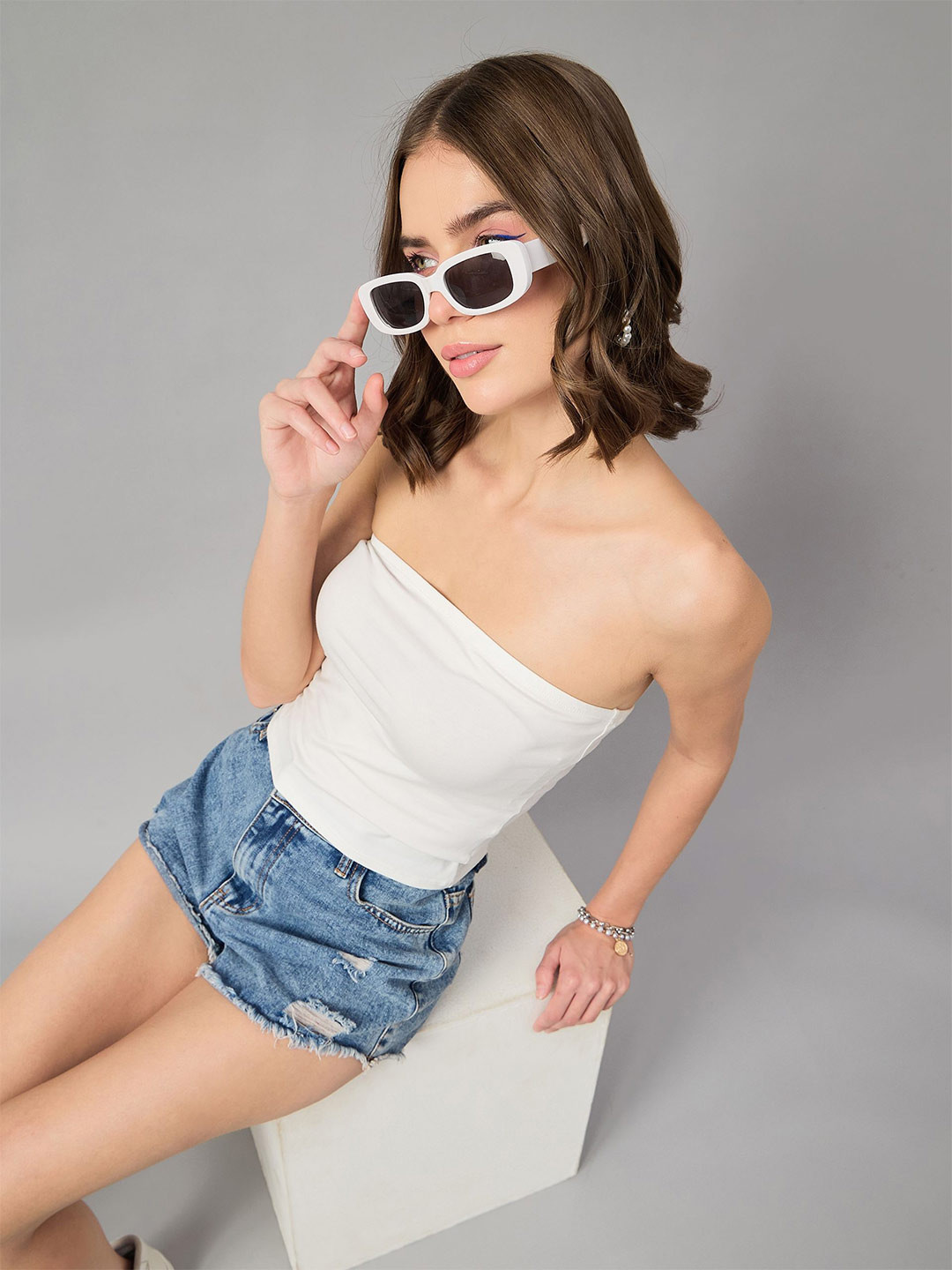 

98 Degree North One Shoulder Cotton Tube Crop Top, Off white