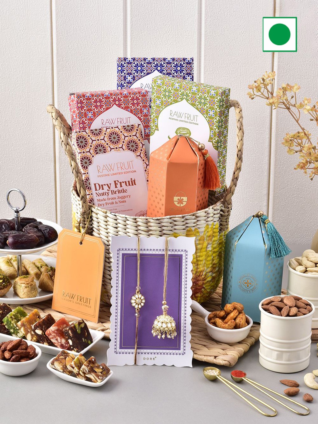 

Hyperfoods 1-Pcs Bhaiya Bhabhi Rakhi With Sweet & Chocolate & Roli Chawal Gift Set, Green