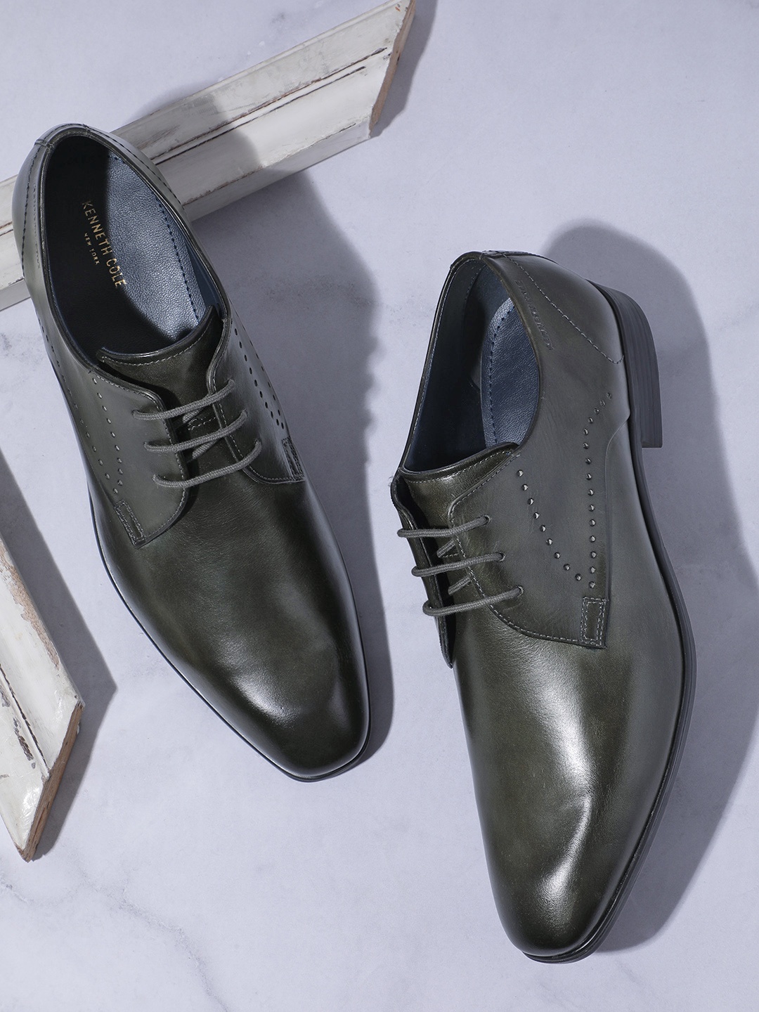 

Kenneth Cole Men Perforations Formal Leather Derbys, Olive