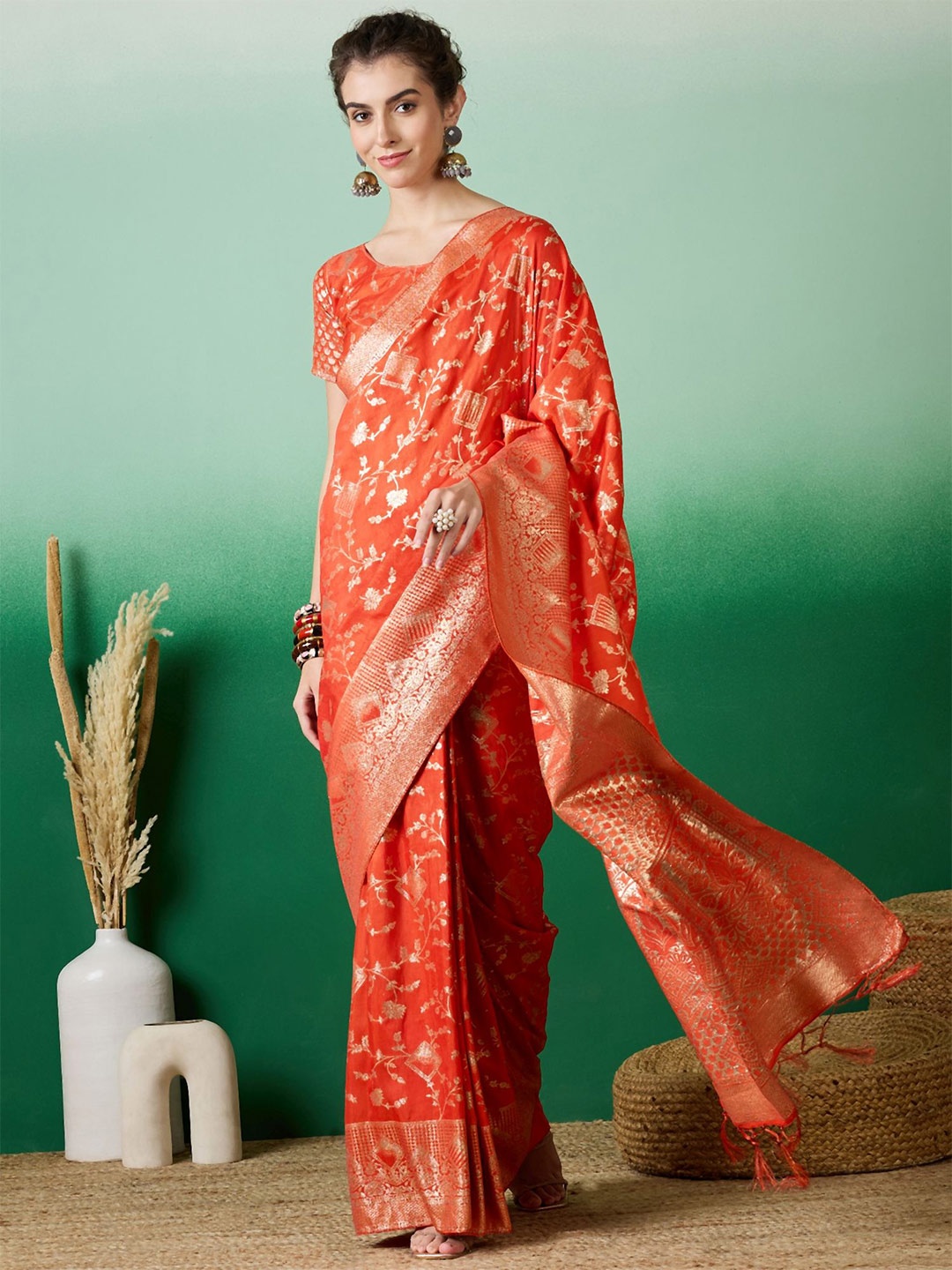 

MAHALASA Ethnic Motifs Embroidered Kanjeevaram Saree, Orange