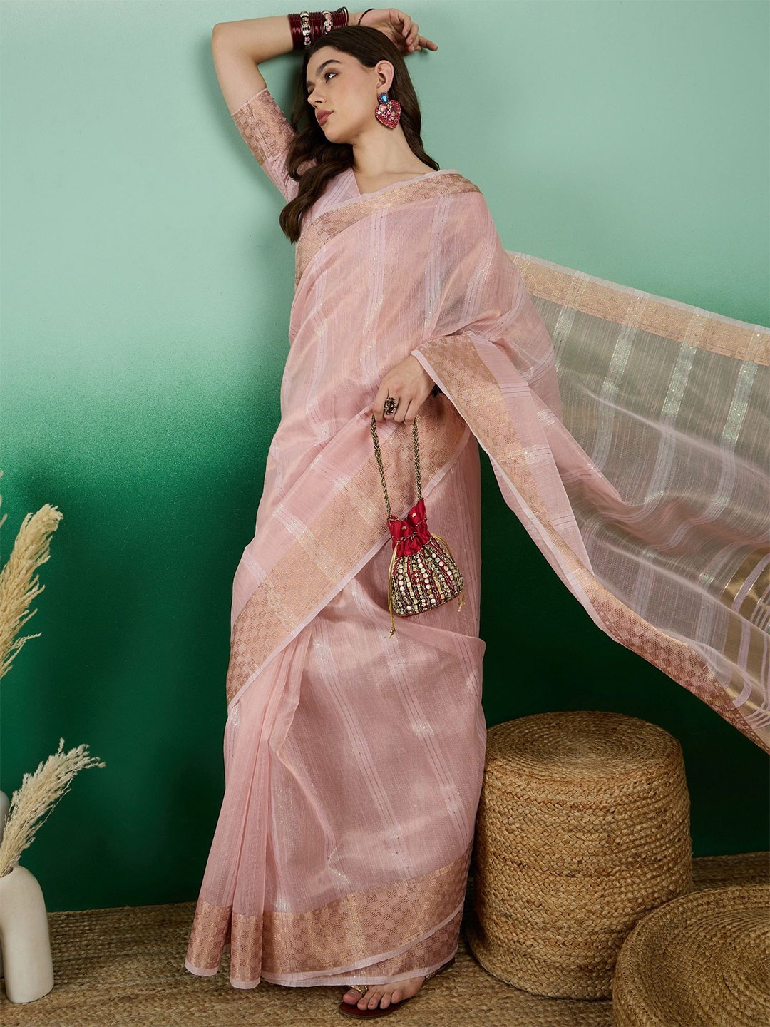 

MAHALASA Striped Zari Woven Kanjeevaram Saree, Pink