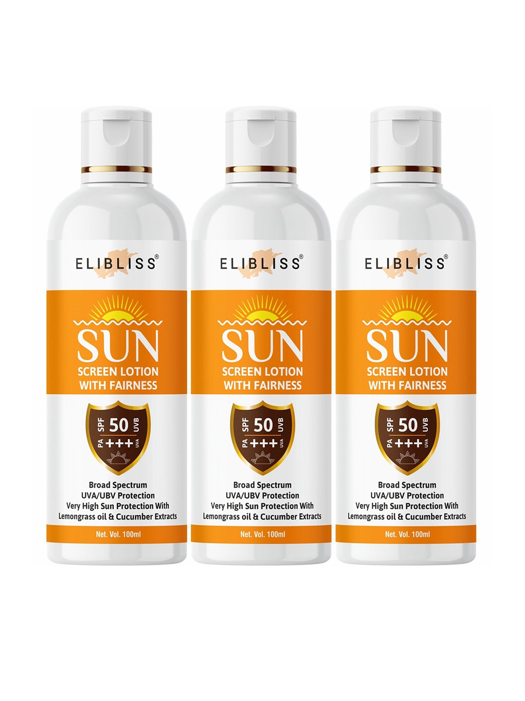

ELIBLISS Set Of 3 Sunscreen Lotion SPF 50 PA+++ With Vitamin C - 100ml Each, White