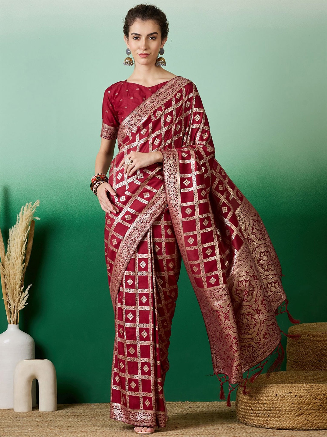 

MAHALASA Geometric Zari Woven Kanjeevaram Saree, Maroon