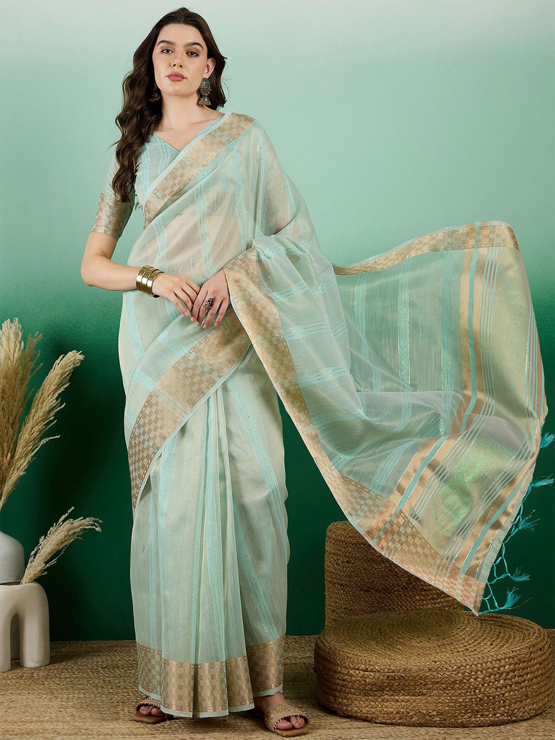 

MAHALASA Striped Zari Woven Kanjeevaram Saree, Sea green