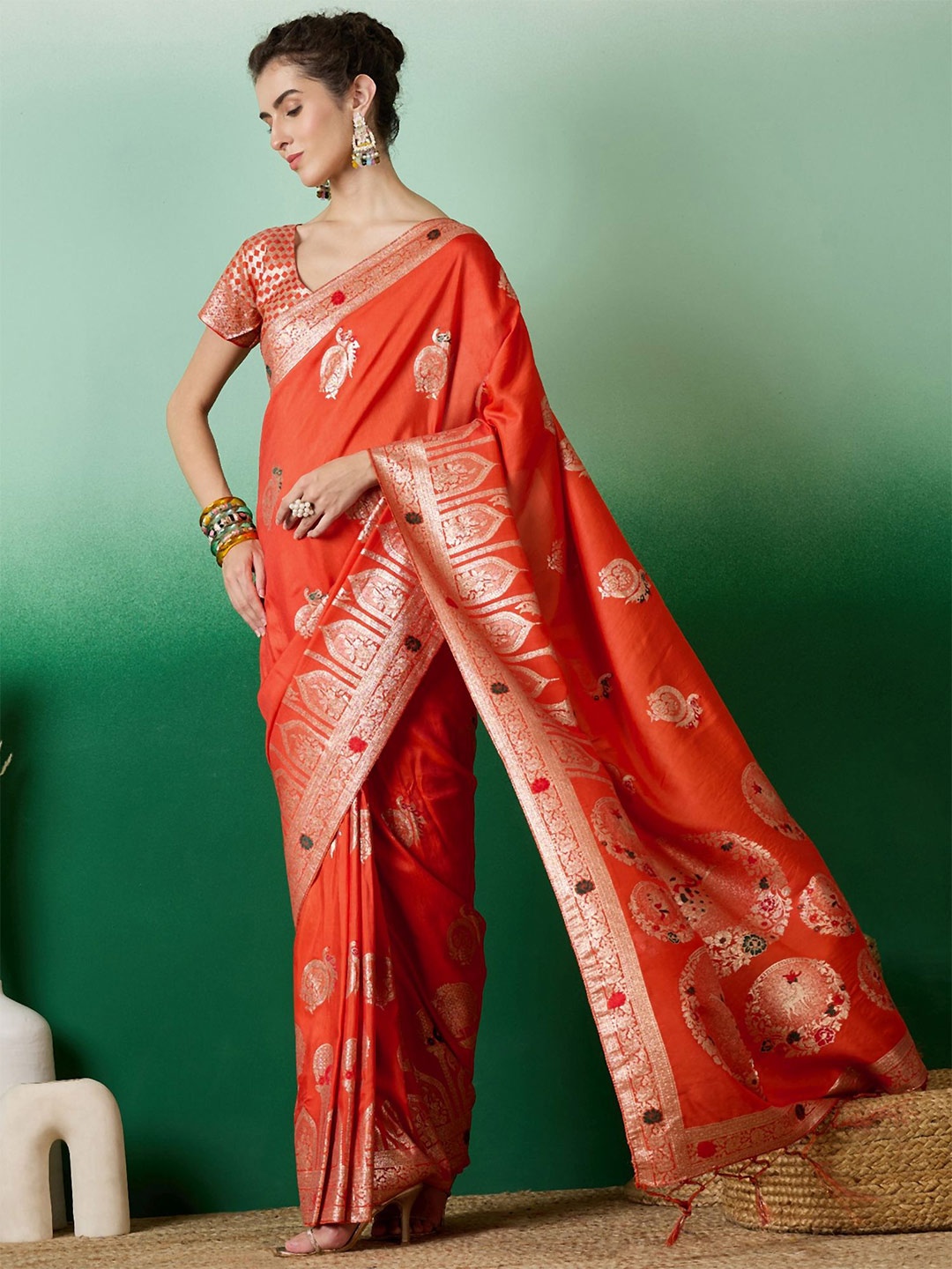 

MAHALASA Ethnic Motifs Zari Kanjeevaram Saree, Orange