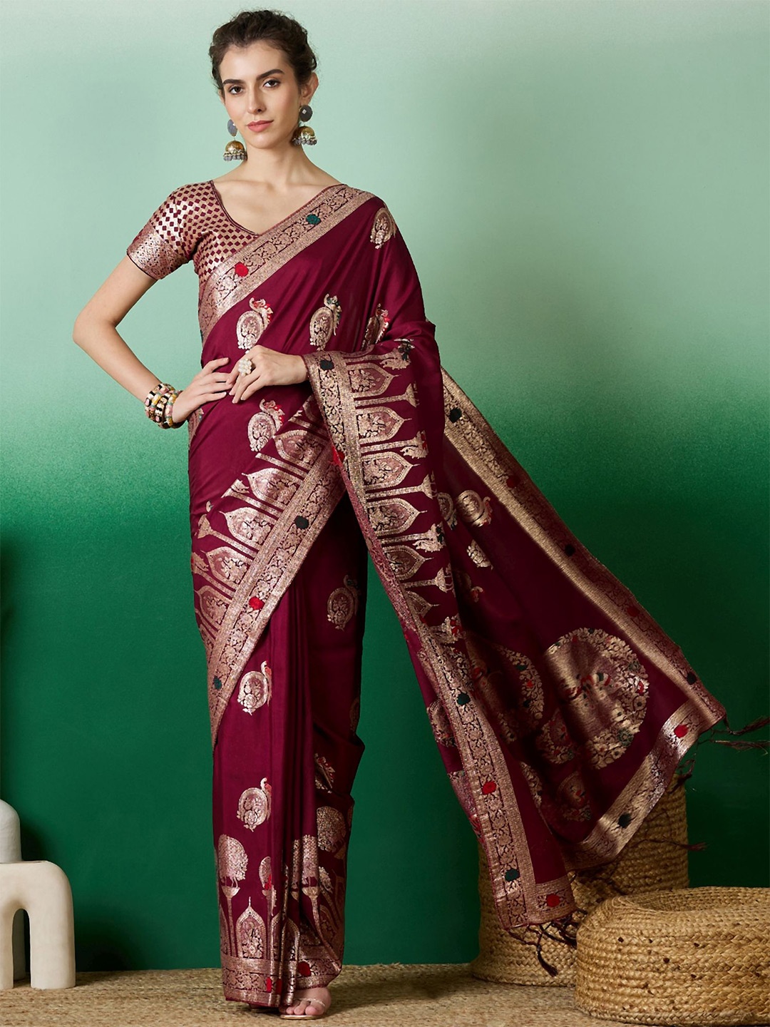 

MAHALASA Ethnic Motif Zari Woven Kanjeevaram Saree, Maroon