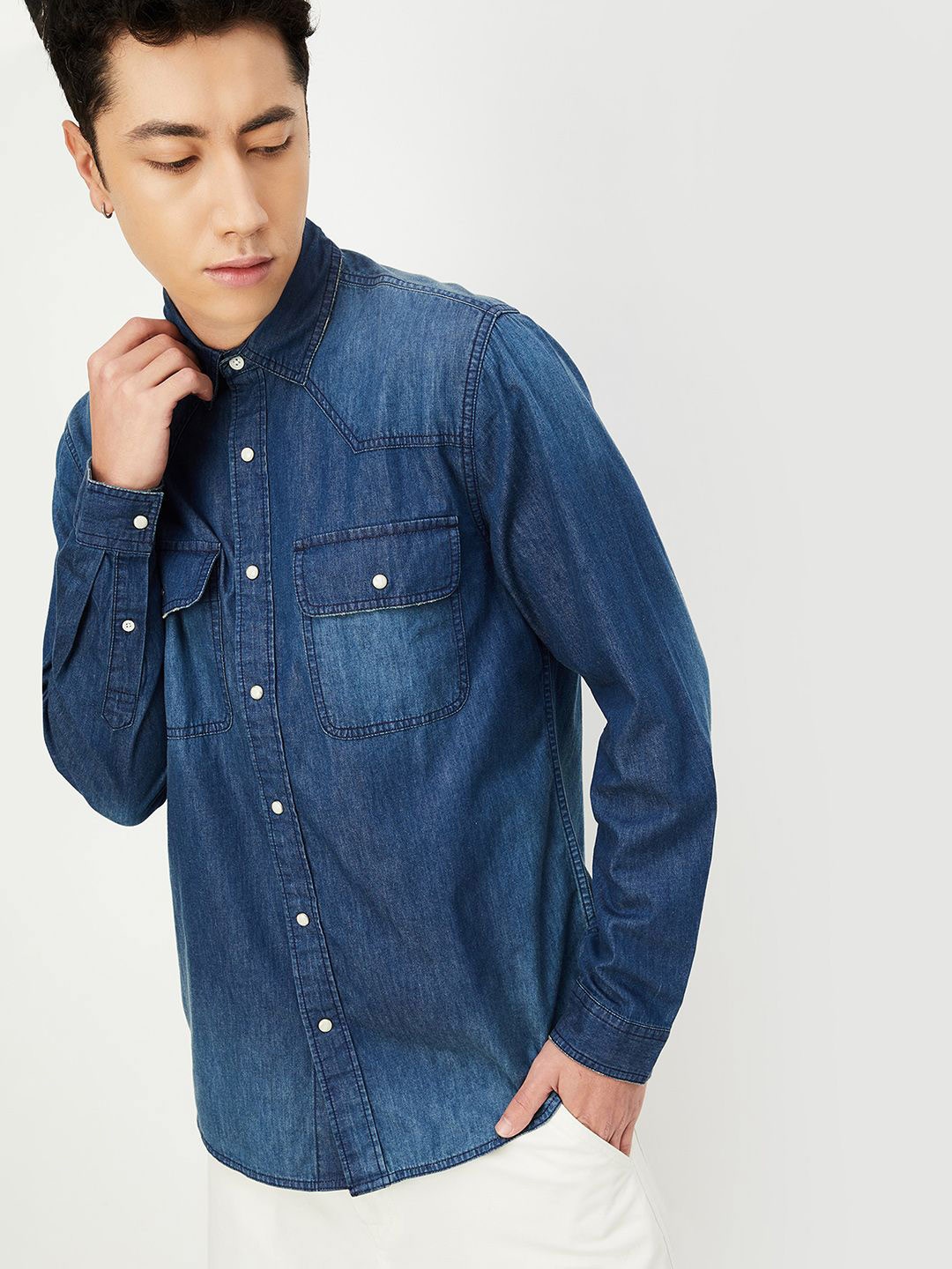 

max URB_N Men Regular Fit Washed Denim Shirt, Blue