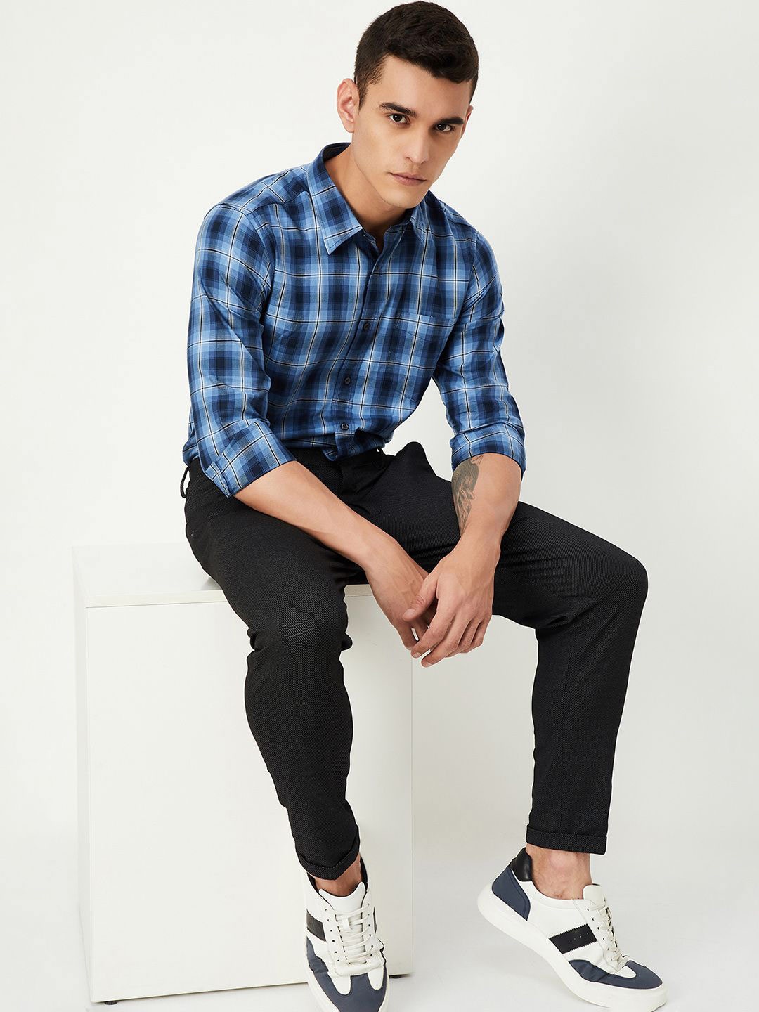 

max Men Spread Collar Tartan Checks Checked Cotton Casual Shirt, Blue