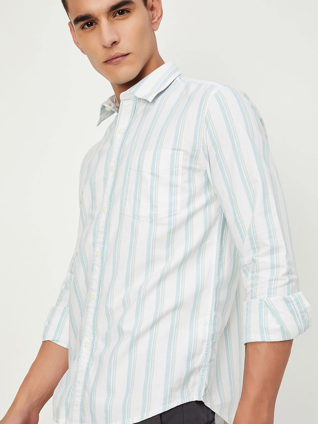 

max Men Tartan Checks Opaque Striped Casual Shirt, White