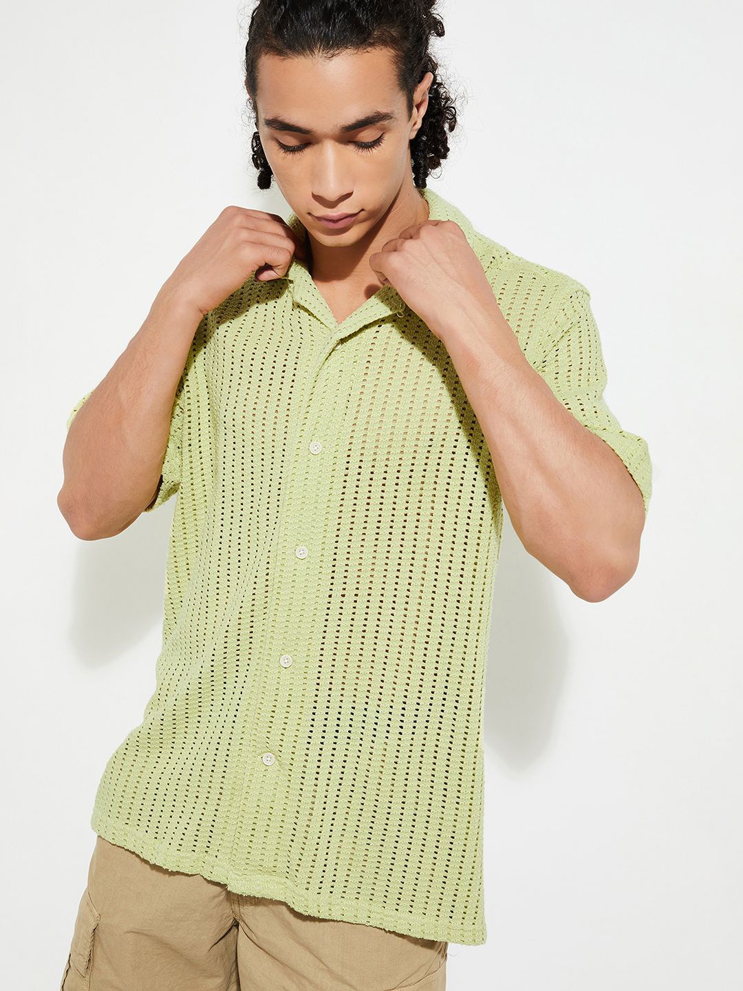 

max URB_N Men Oversized Woven Resort Shirt, Green