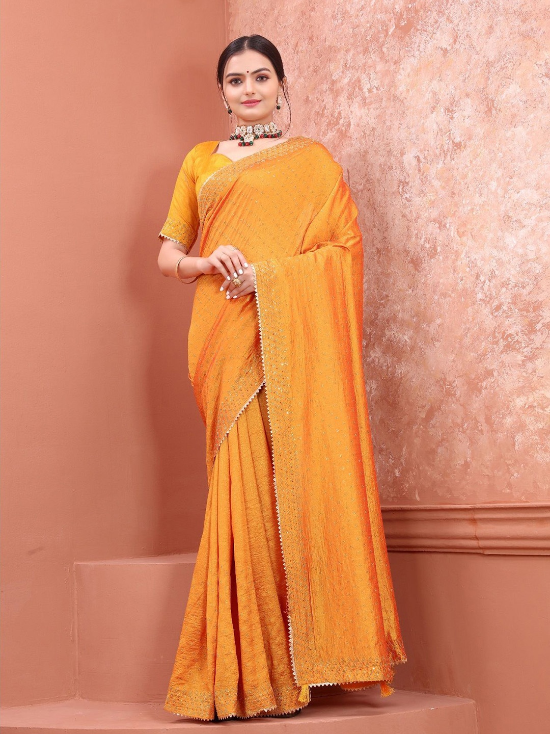 

FEBO FASHION Embellished Embroidered Saree, Yellow