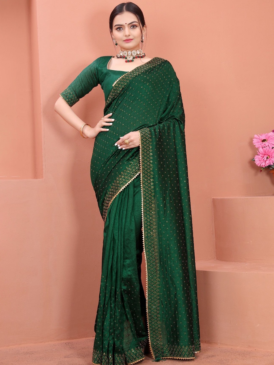 

FEBO FASHION Embellished Beads and Stones Saree, Green