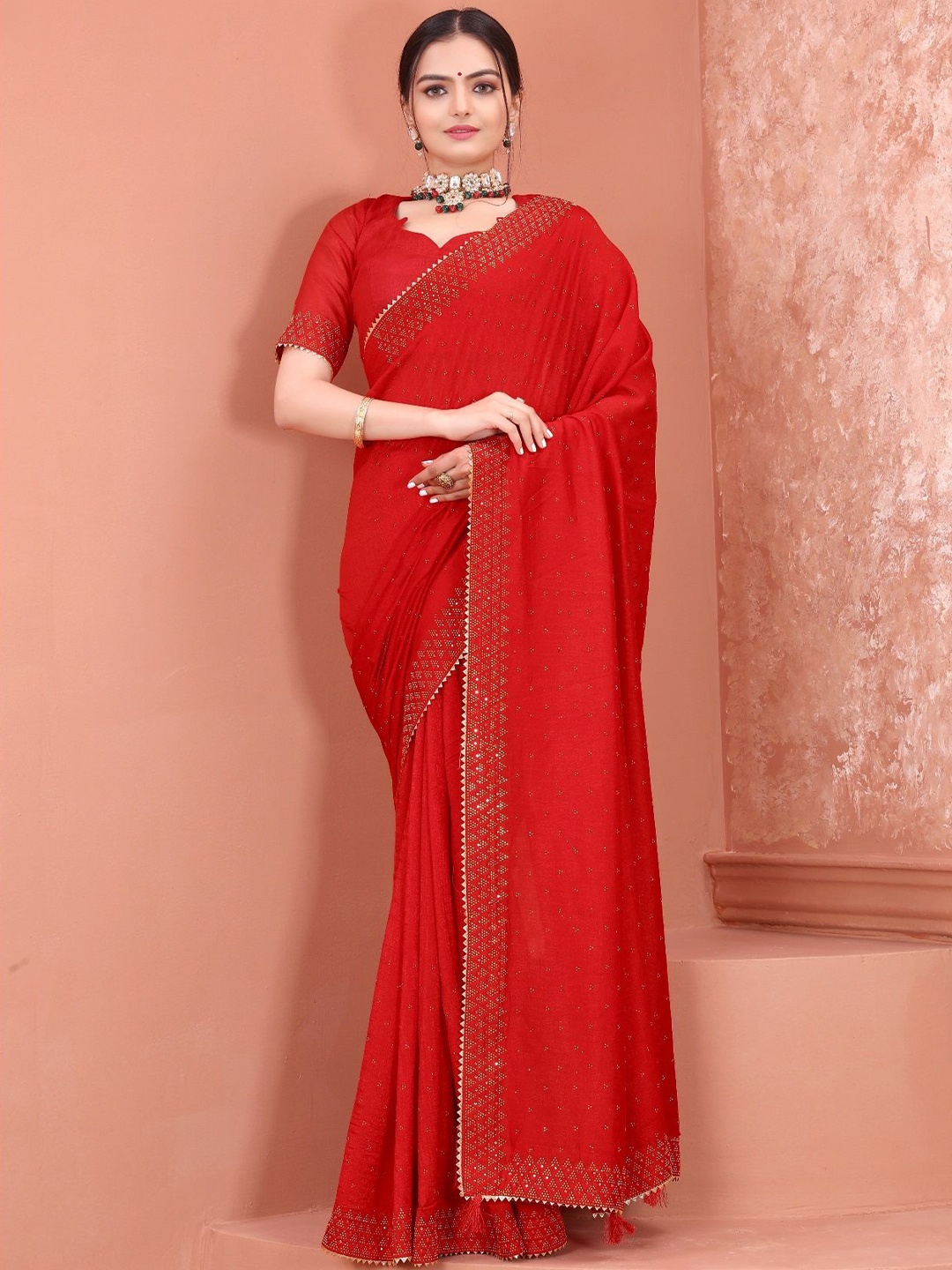 

FEBO FASHION Embellished Beads and Stones Saree, Red