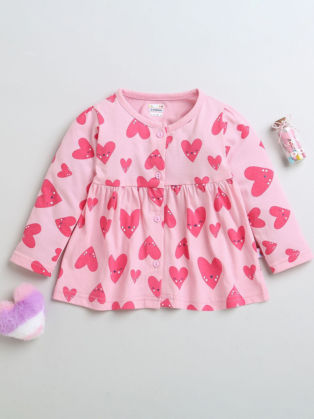 

BUMZEE Girls Printed Long Sleeves Cotton A-Line Dress, Pink