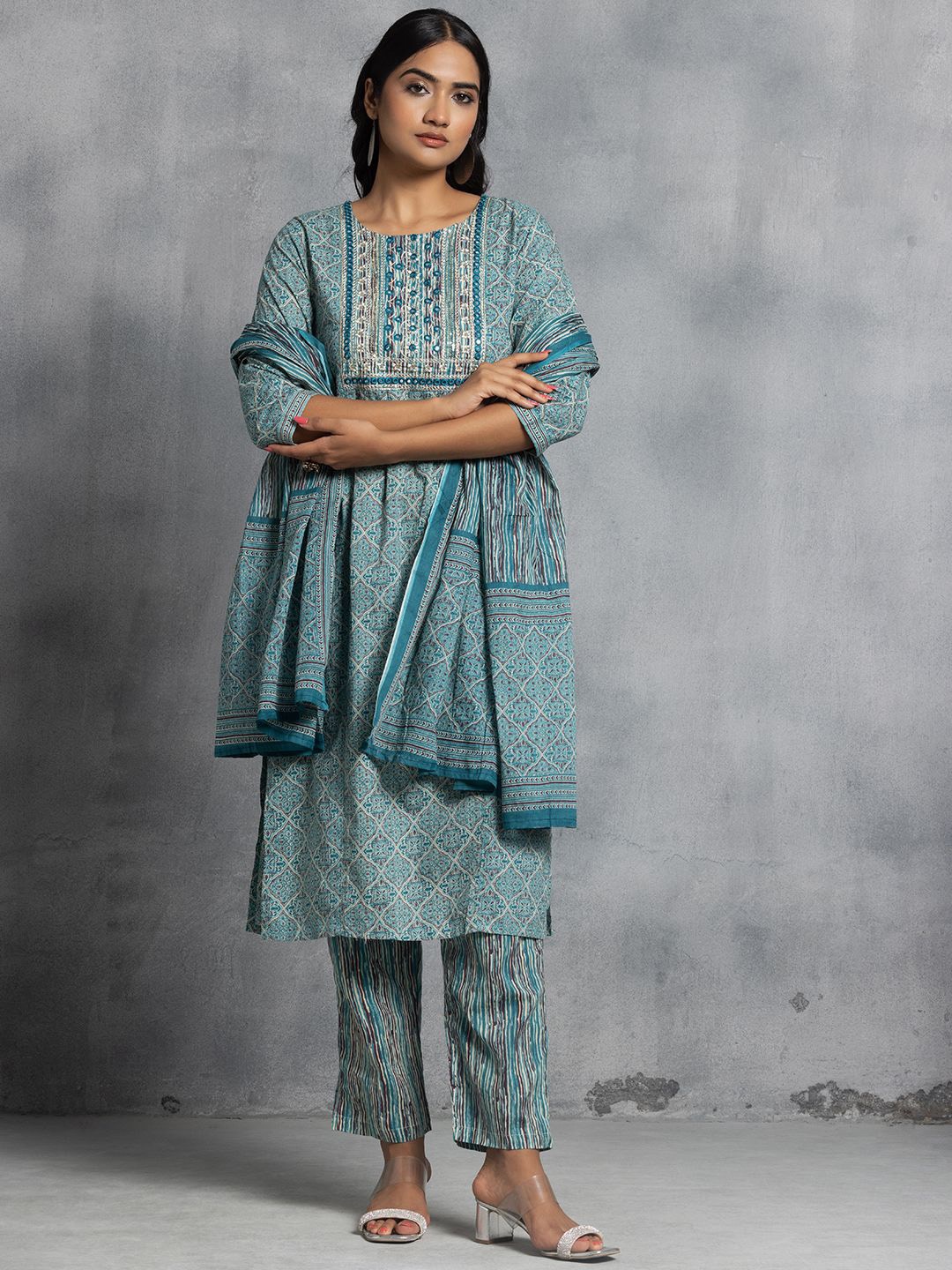

Rang by Indya Printed Mirror Work Pure Cotton Straight Kurta With Trousers & Dupatta, Blue