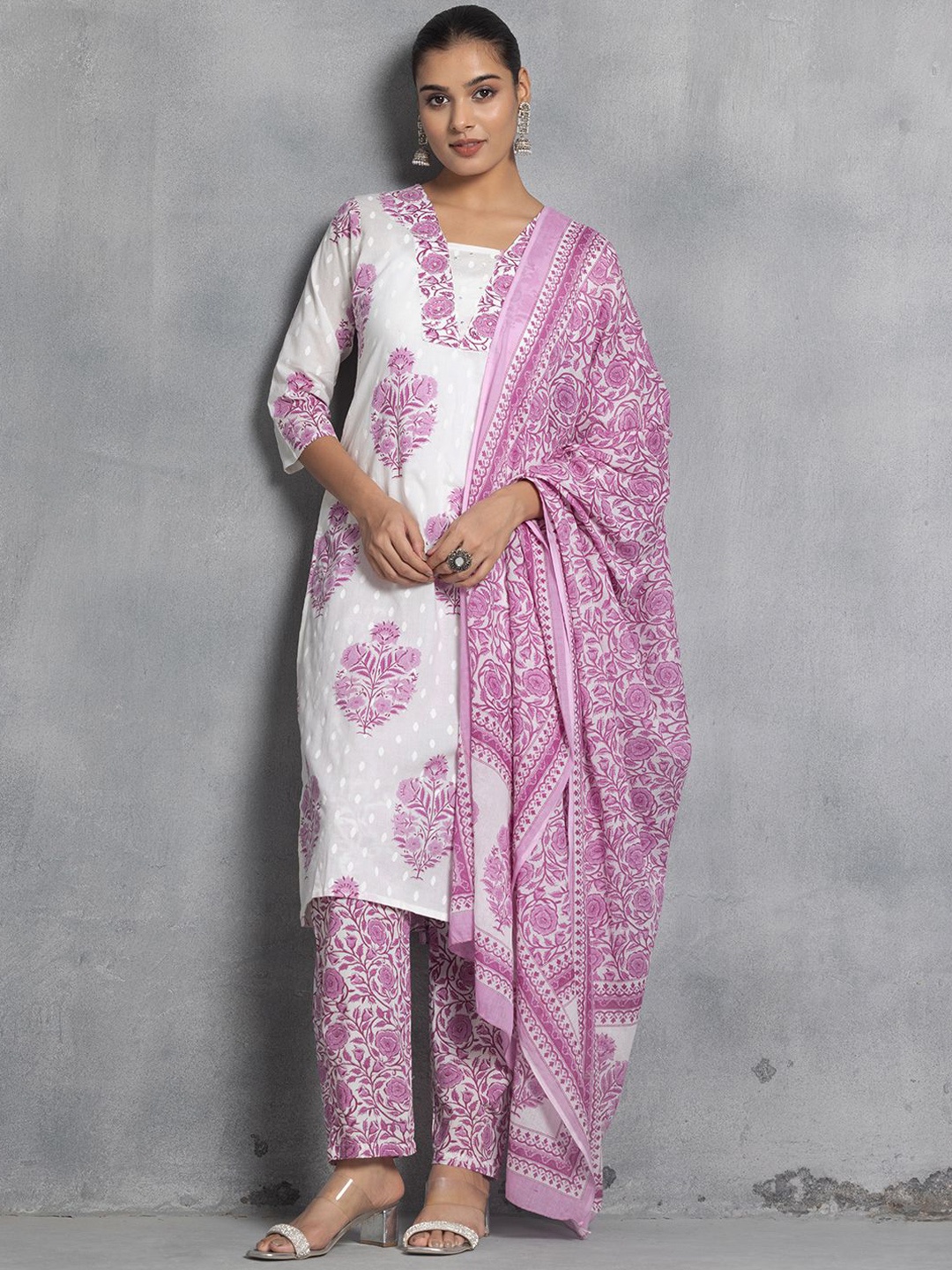

Rang by Indya Floral Printed Regular Pure Cotton Straight Kurta With Trousers & Dupatta, White