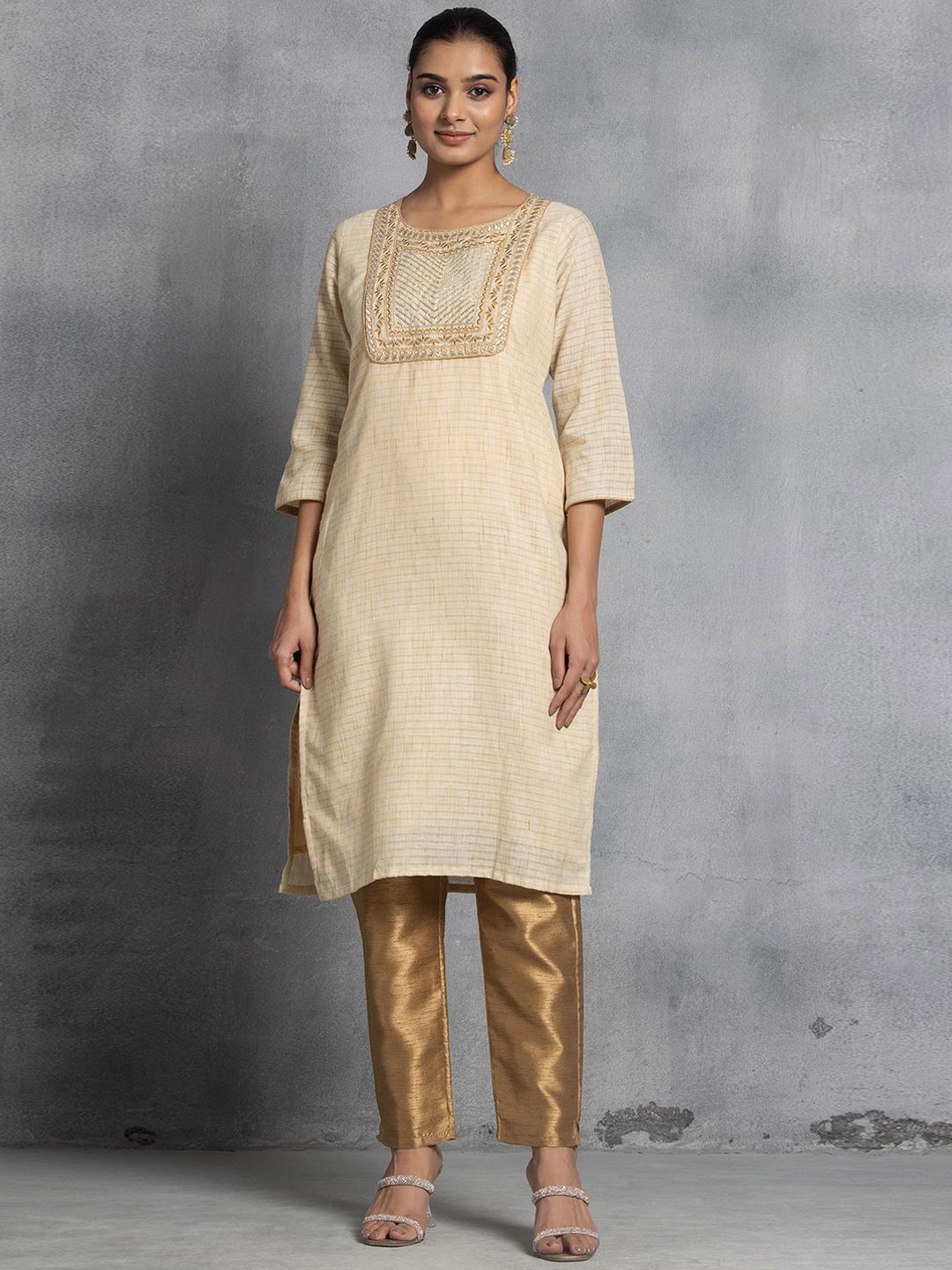

Rang by Indya Checked Thread Work Pure Cotton Straight Kurta, Beige