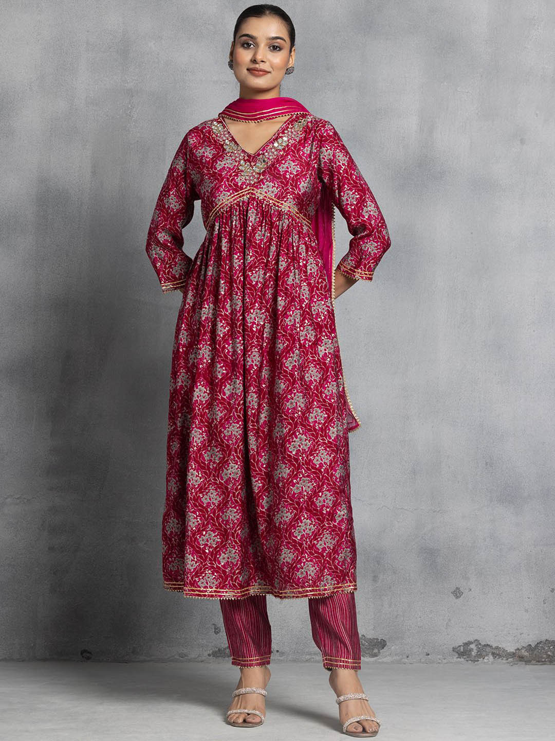 

Rang by Indya Floral Printed Empire Mirror Work A-Line Kurta With Trousers & Dupatta, Pink