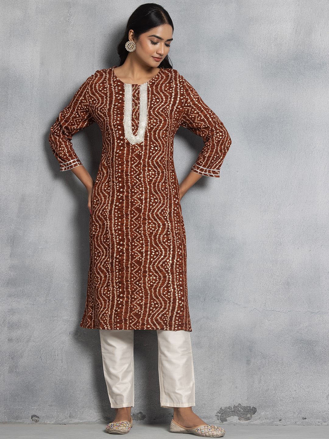 

Rang by Indya Bandhani Printed Thread Work Pure Cotton Straight Kurta, Brown