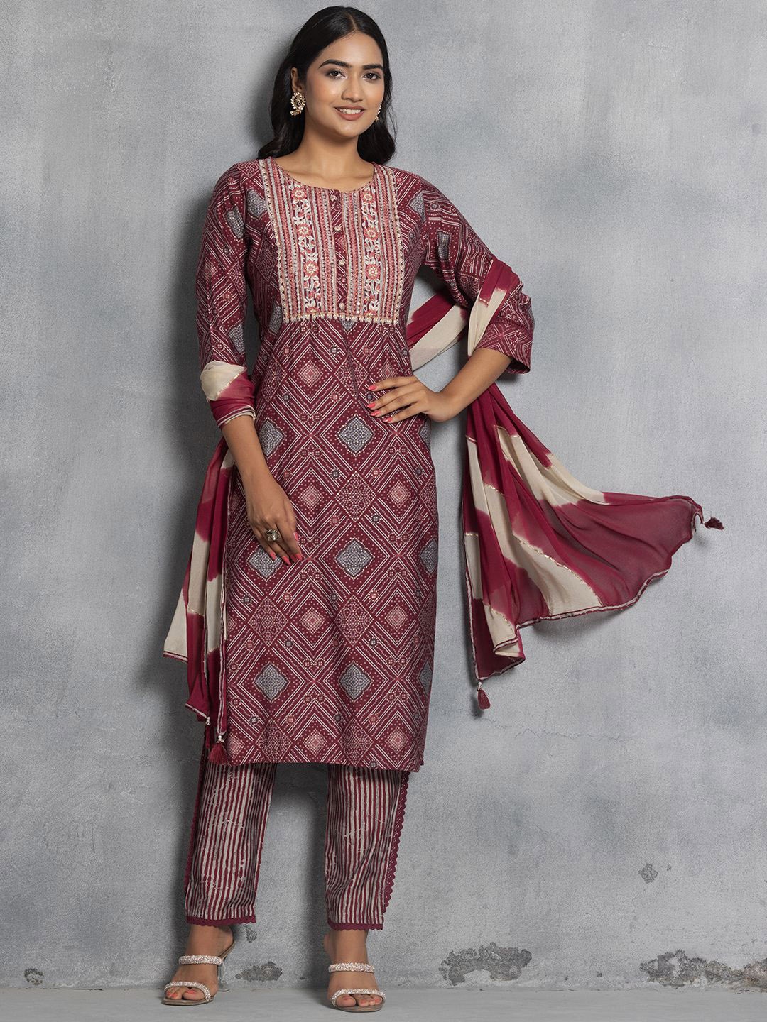 

Rang by Indya Bandhani Printed Kurta with Trousers & Dupatta, Maroon