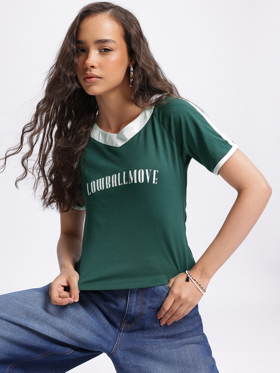 

DressBerry Lowkey Vibe Printed V-Neck T-shirt, Green