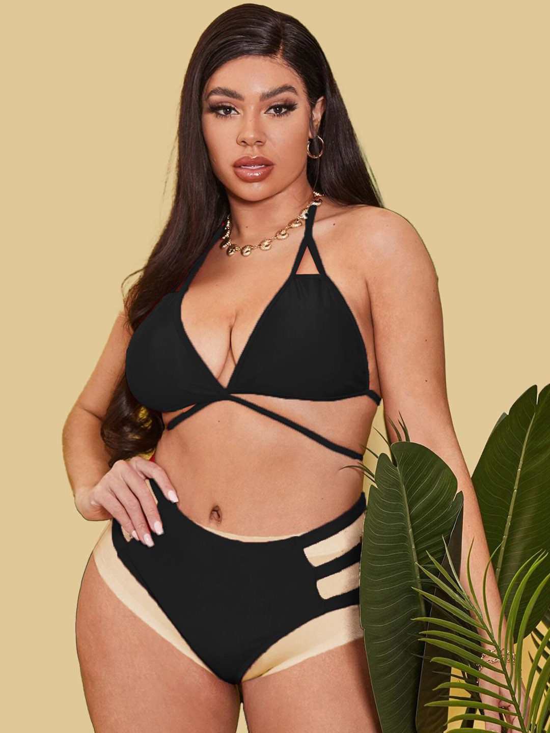 

Krelin Women Cut Out Halter Bikini Lingerie Set, Black