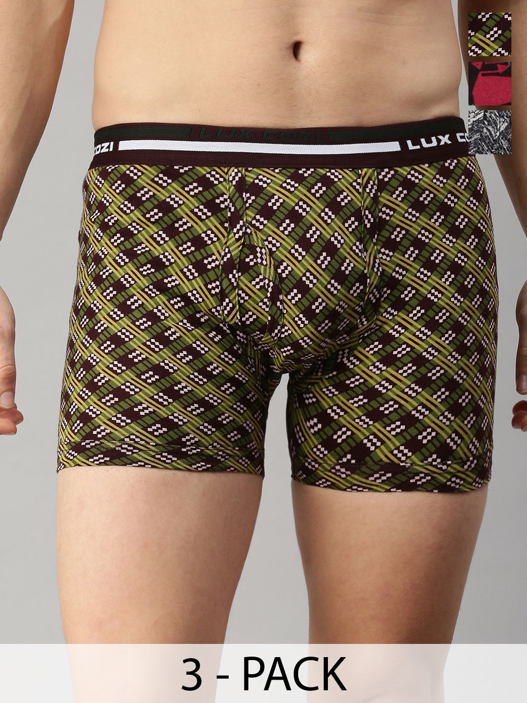 

Lux Cozi Pack Of 3 Assorted Pure Cotton Trunks -COZI_BIGSHOT_LONGS_PRINT_OE_ASST1_3PC, Green
