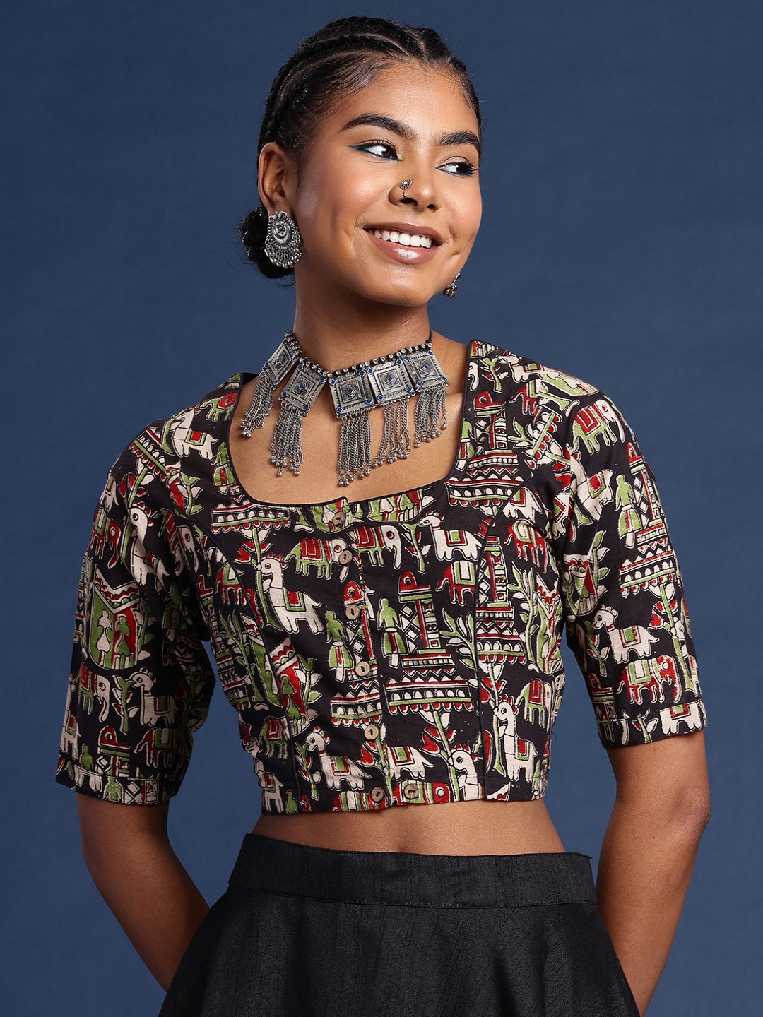 

Taavi Kalamkari Printed Cotton Non Padded Saree Blouse, Black