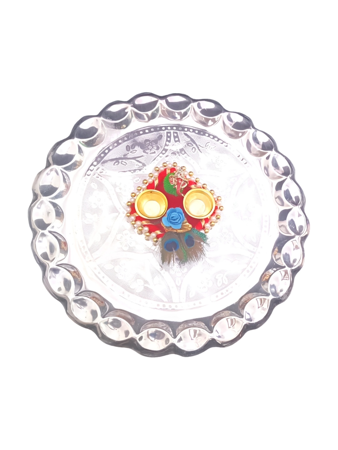 

PUFFSMART Silver Toned & Yellow Textured Metal Pooja Thali With Ganesh Roli Chawal Platter