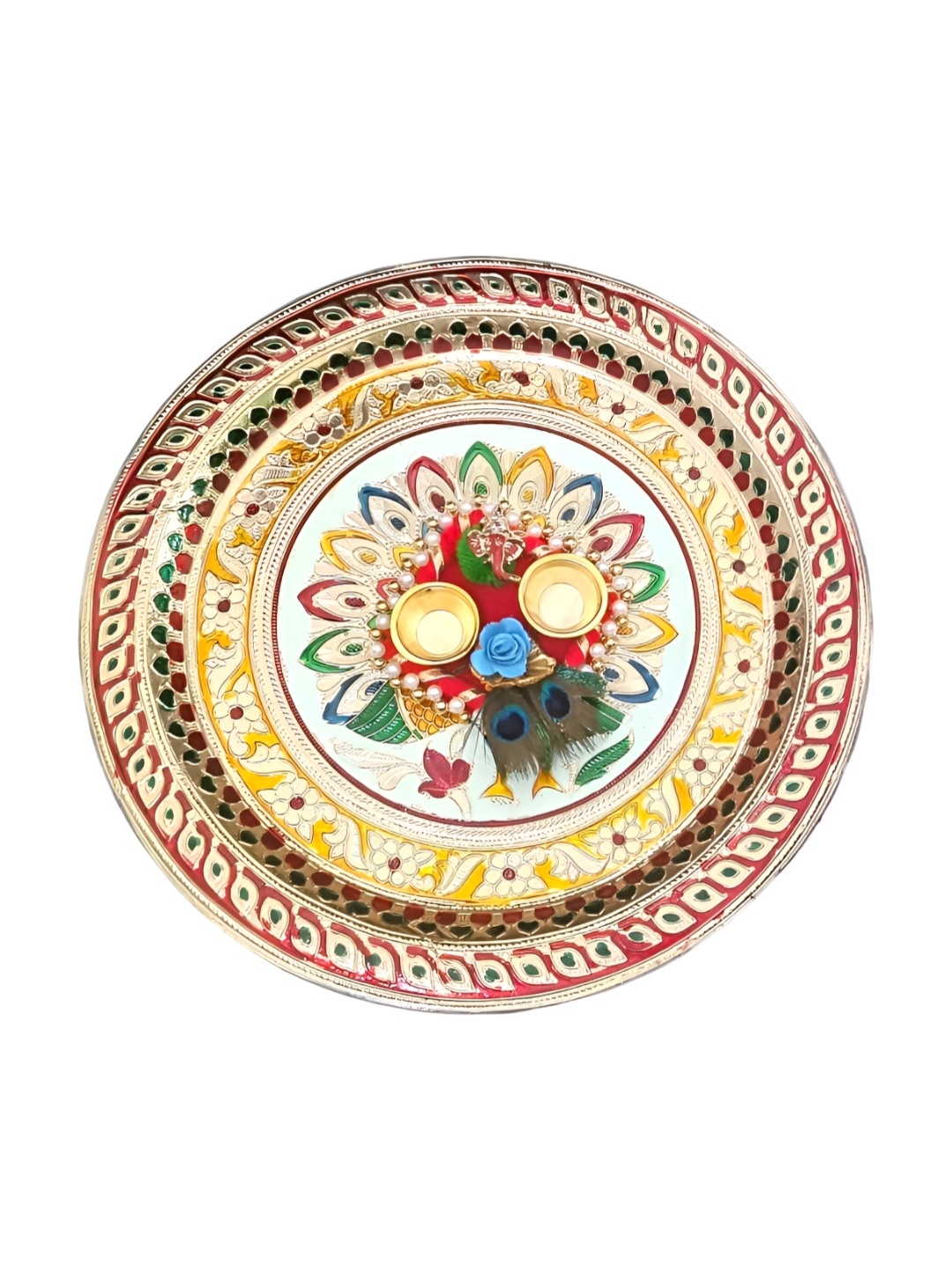 

PUFFSMART Yellow & Red Textured Metal Pooja Thali With Ganesh Roli Chawal Platter
