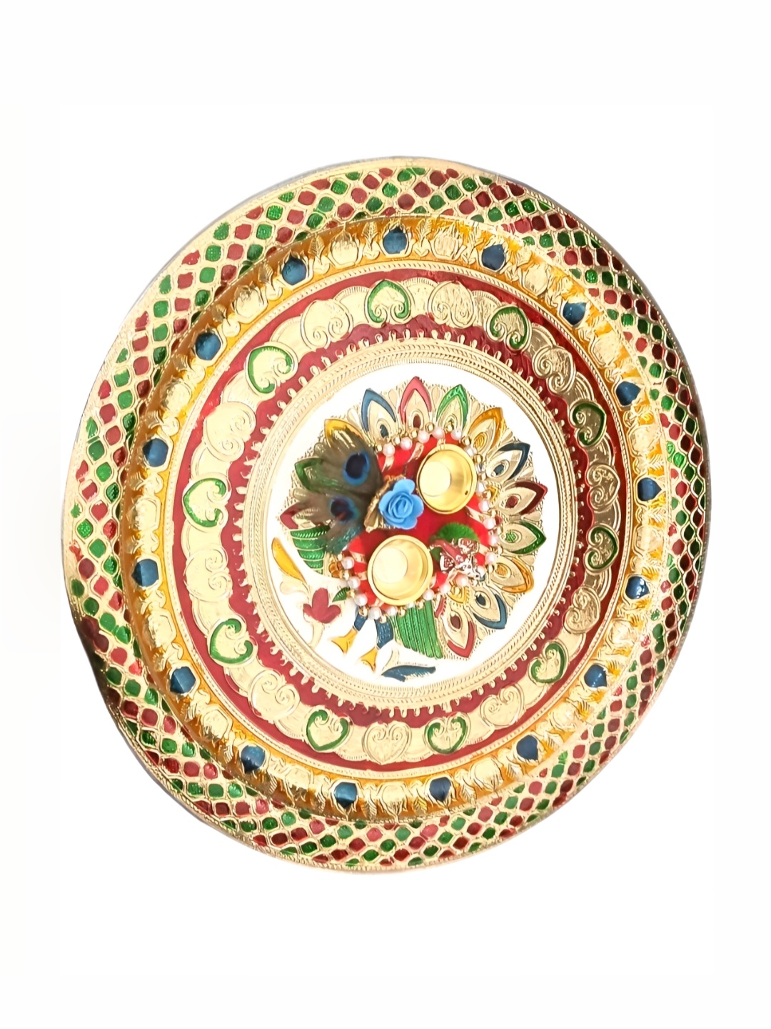 

PUFFSMART Gold Toned & Green Textured Metal Pooja Thali With Ganesh Roli Chawal Platter