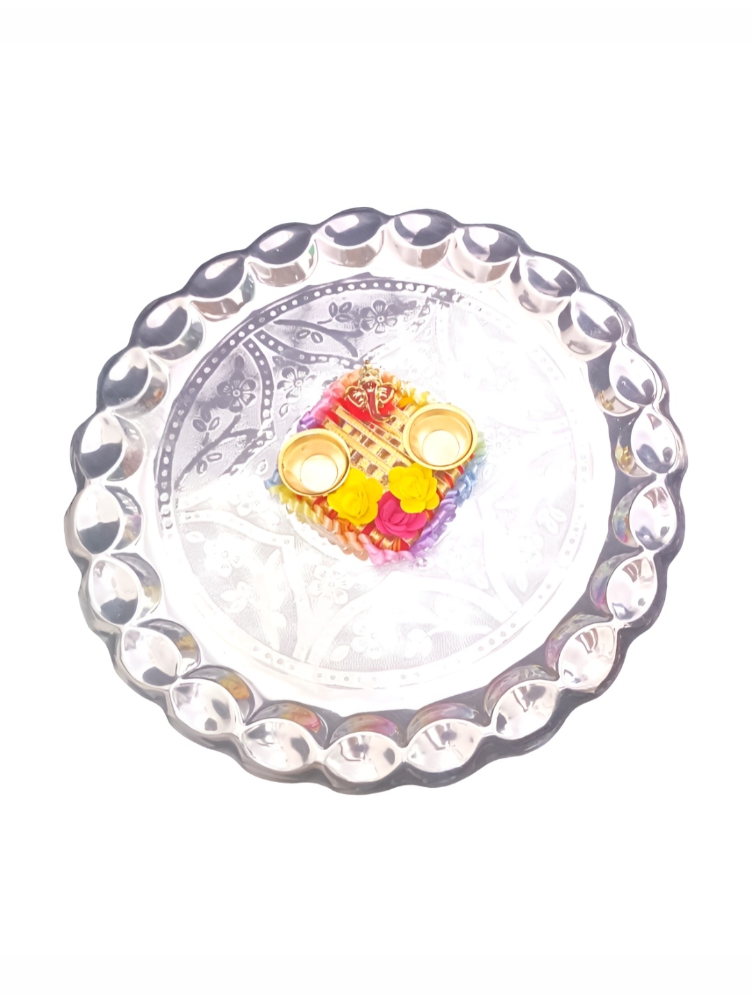 

PUFFSMART Silver Toned & Yellow Textured Metal Pooja Thali With Ganesh Roli Chawal Platter