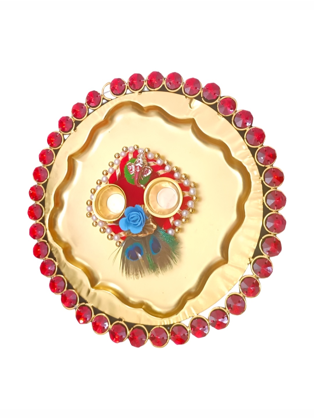 

PUFFSMART Red & Gold Toned Textured Metal Pooja Thali With Ganesh Roli Chawal Platter